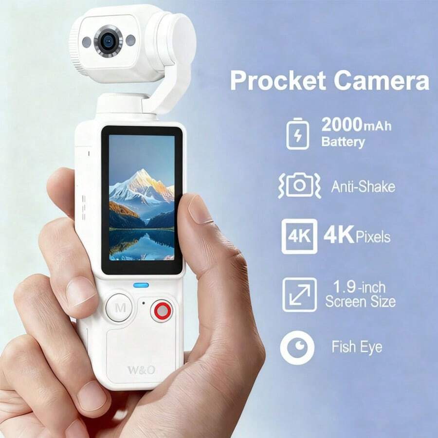 W&O 4K 1.9"HD Video Recording Camera - Portable, Rechargeable, Video Log Camera, 4k Handheld Stabilizer Pocket Sports Camera Gimbal | 4k Handheld Stabilizer | Magnet | 180 ° Perspective, Body Camera,  USB Charging 180 ° Rotation, 1.9 "CMOS, Perfect For Video And Video Recording, Perfect For Life Recording And Travel - White - View 1