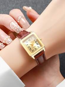 1pc Women's Fashion Casual Square Dial Quartz Wrist Watch With Leather Strap (1pc/Set), Watch Box Not Included - Brown - View 2
