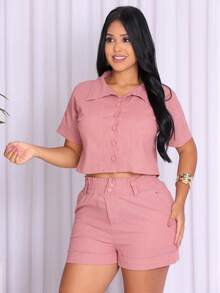 Women's Linen Set Consisting Of Shorts And A Short-Sleeved Blouse. - 乾枯玫瑰色 - 查看 6