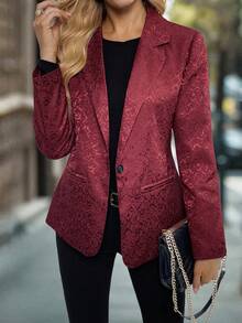 Damen elegante Blazer Jacke mit Blumen Jacquard-Muster, Fake-Taschen und Einreiher-Revers, geeignet für den täglichen Gebrauch und Veranstaltungen, Frühling/Herbst - Bordeaux - Übersicht 8