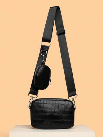 1個 メンズPUレザースリングバッグ ショルダーバッグ、調整可能なストラップ付き角型ショルダーバッグ、パスポート、お金、IDカード、クレジットカード用の傷や摩耗に強いポーチ、通勤/ビジネスに最適な軽量、クロコ柄ソリッドカラー