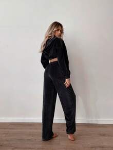 2pcs Women's Velvet Tracksuit Set, With Hooded Zip-Up Crop Top And Comfortable Stretchy Sweatpants, Suitable For Casual Wear Black Spring - Black - View 6