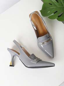 Women's Gray Patent Leather Slingback Heels Pointed Toe Heel Pumps - Xám - Xem 5