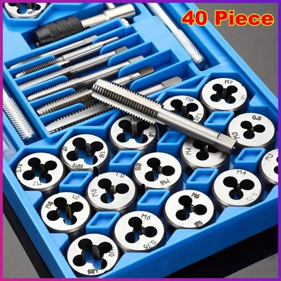 40 Pcs Tap And Die Set In SAE And Metric Sizes Standard With Coarse Fine Thread, Rethreading Tapping Tool Kit Screw Thread Taps Dies Wrench Handle Stock Holder With Storage Case For Cut Raw Materials Or Repair Existing Threads, Remove Screws And Have More Functions - Xanh đậm - Xem 1