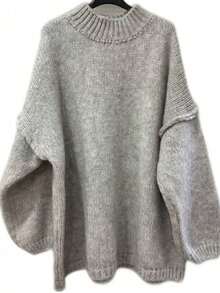 Pull ample à manches longues évêque pour femmes, détails en tricot côtelé, tissu stretch moyen, doux et chaud - Gris pâle - Voir 2