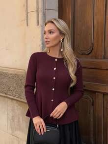 Cárdigan de punto de cuello redondo de unicolor para mujer, de manga larga, para otoño e invierno. El bajo con volantes le da un toque de elegancia y estilo. Este sofisticado y elegante suéter es perfecto para sesiones de fotos, uso diario o simplemente para dar un paseo.
