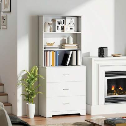  HOMCOM Libreria Scaffale Alta a 3 Ripiani Aperti e 3 Cassetti, Libreria Verticale Salvaspazio, Mobile Libreria in Legno per Soggiorno, Camera da Letto, Studio e Ufficio, 79x39.5x182.2 cm, Bianco
