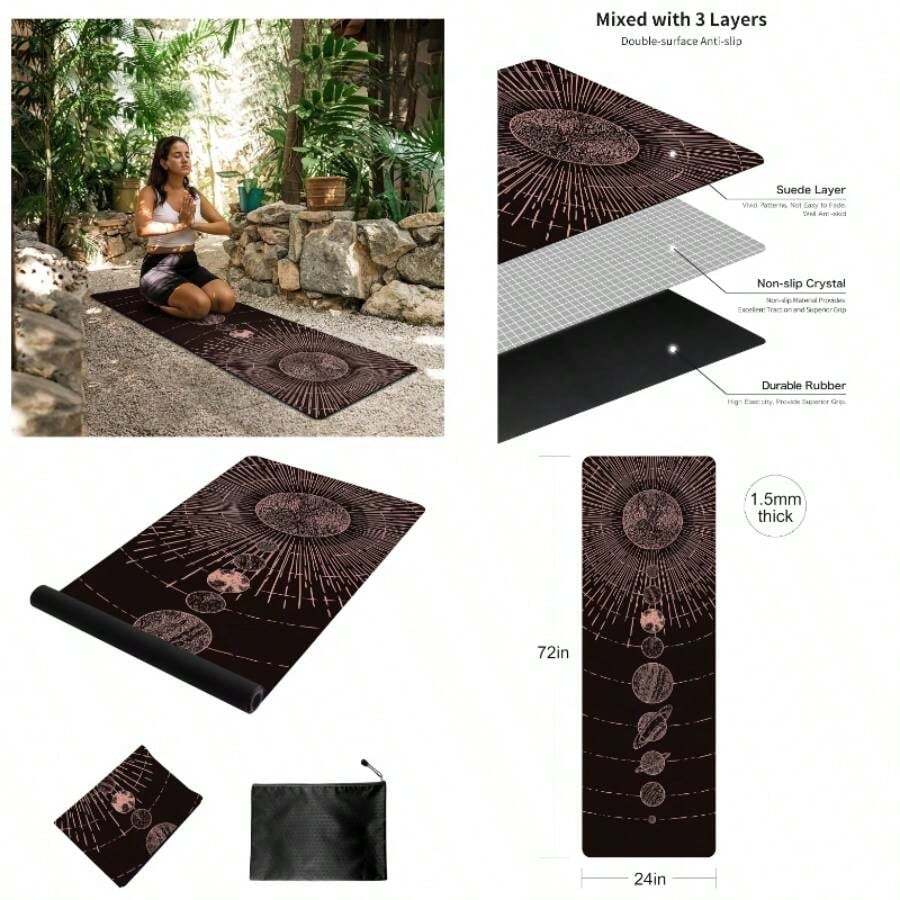 Alfombrilla de yoga de viaje impresa de 1/16 pulgadas de grosor, antideslizante, con bolsa de transporte, plegable, ligera de gamuza y goma natural para yoga, pilates y fitness, 72 pulgadas de largox 24 pulgadas de anchox 1.5 mm - TaiYangXiXingXing - Ver 1