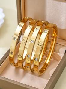 TONSI 1件18K镀金螺丝扣手镯，不锈钢手镯，男女通用，镶嵌立方氧化锆，女士首饰 - 金色 - 查看 2