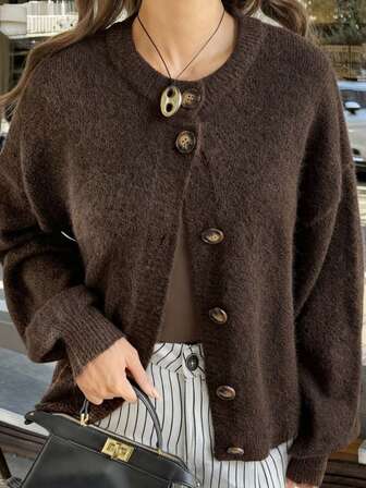 Just Masa Women's Winter Sweater Leisure Elegant Slouchy Round Collar Long Sleeve Button Cardigan Sweater