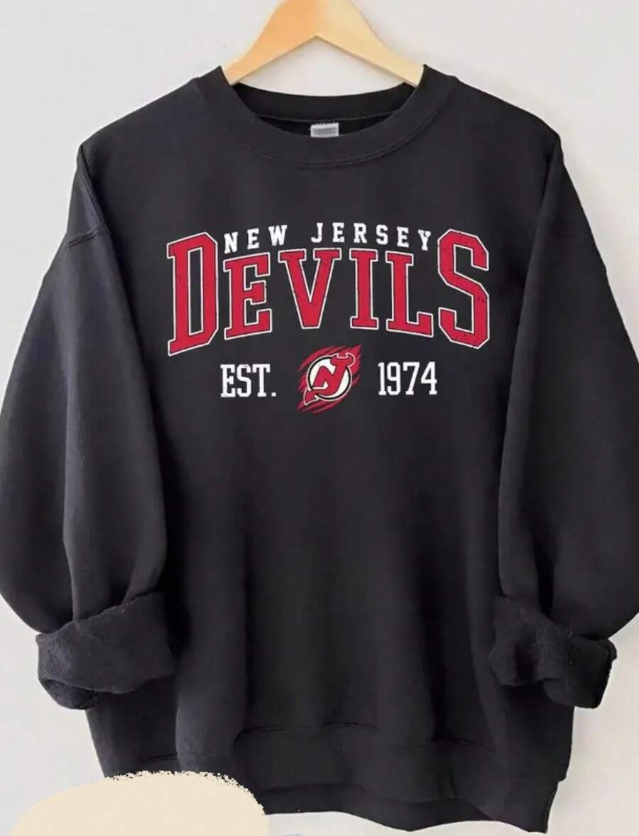 Vintage New Jersey Devil Hockey Sweatshirt, New Jersey Devil Sweater, Devils T-Shirt, New Jersey Ice Hockey Hoodie - 黑色 - 查看 1