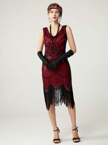 1920 Retro Sequined Dress Dress Beaded Fringed Dress Popular High-End Banquet Short Dress - Black and Red - View 2