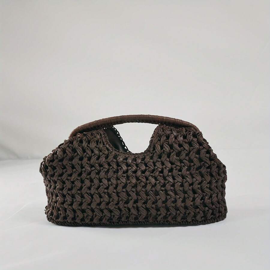 1 Chic, Woven Straw Bag For Women – Open Beach And Holiday Bag With Brown Handles, Lightweight And Durable, Perfect For Summer Outings, Beach And Holiday Essentials, Textured Surface - 咖啡 - 查看 1