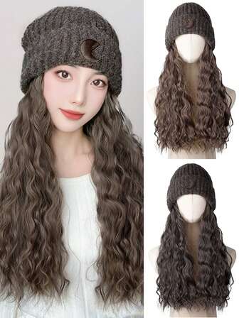 Syntetisk mössa peruk stickad mössa peruk, mössa hårförlängning lång vågig vågig lockig grå mössa peruk med fäst syntetiskt hårstycke för kvinnor flickor vinter - kall brun brun svart