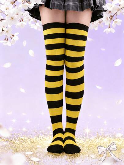 1 par de medias altas para mujer a rayas amarillas, negras, blancas y rojas, calcetines elásticos de moda, adecuados para uso diario y atuendos de fiesta, gran regalo para mujeres