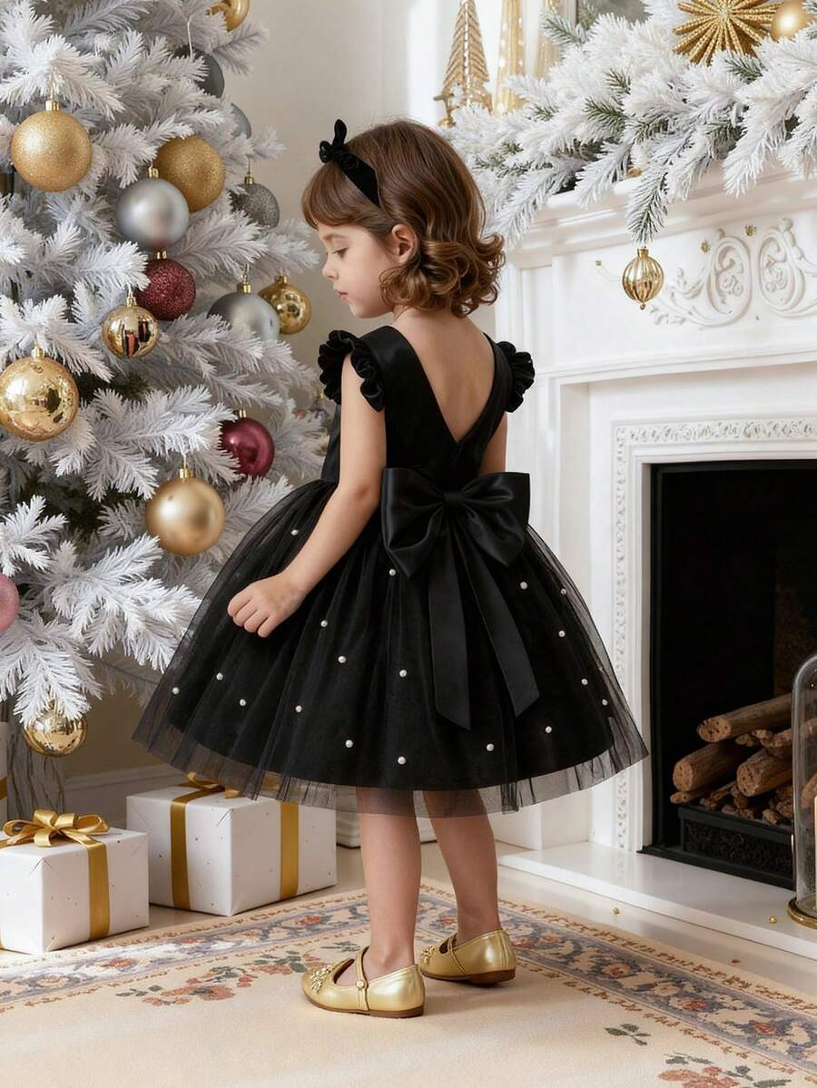 女婴短袖蝴蝶结薄纱黑色优雅圣诞派对礼服，公主裙，适合一周岁生日派对、宴会、婚礼花童装