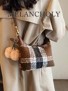 Fashionable Casual Chic Versatile High-Quality Plush Crescent Moon Shoulder/Crossbody/Underarm Handbag - Coffee - View 2