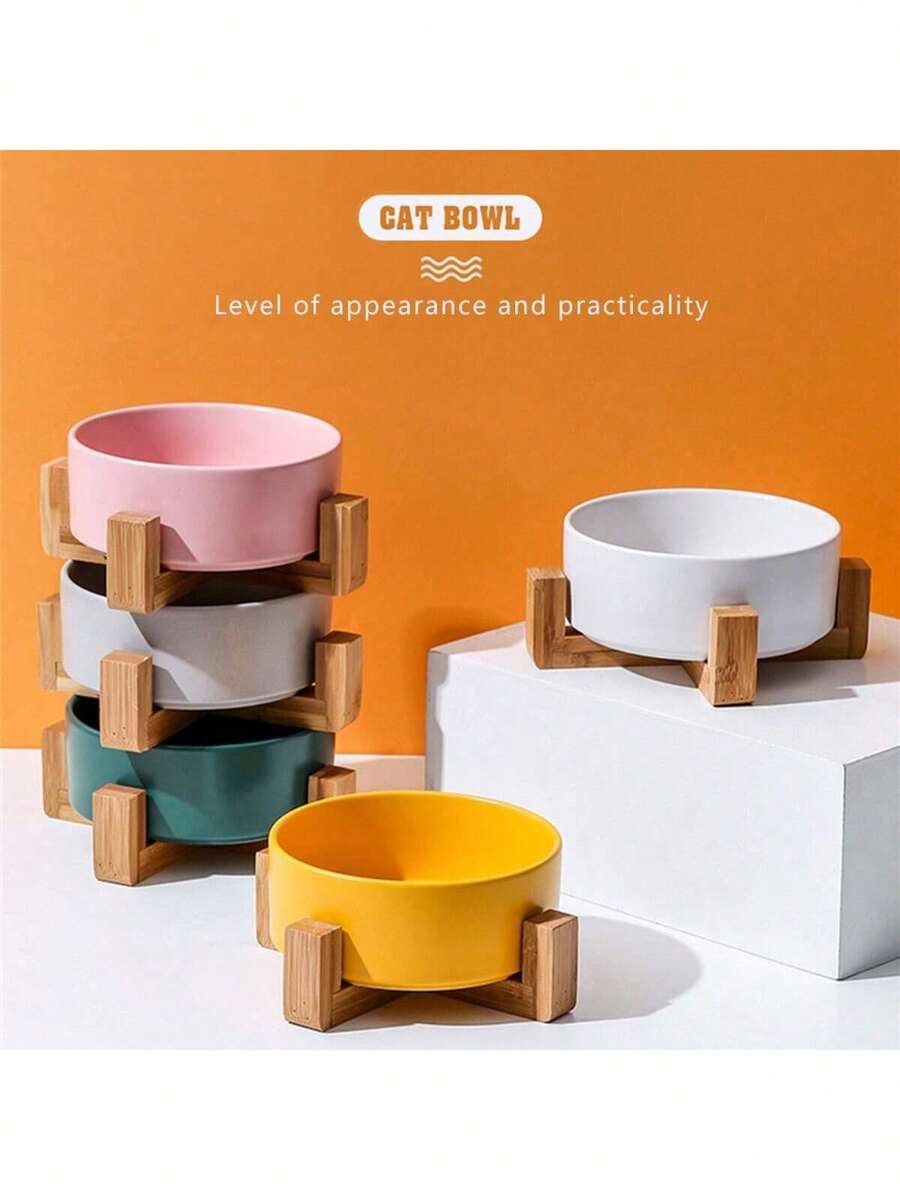 1 bát sứ cho mèo/chó, bát uống nước cho thú cưng, bát đựng thức ăn cho mèo, bát đựng thức ăn cho chó kèm chân đế gỗ chống trượt giúp bảo vệ cổ, bát ăn cho thú cưng, có thể rửa bằng máy rửa chén và dễ dàng vệ sinh. - 400ML - Xem 1