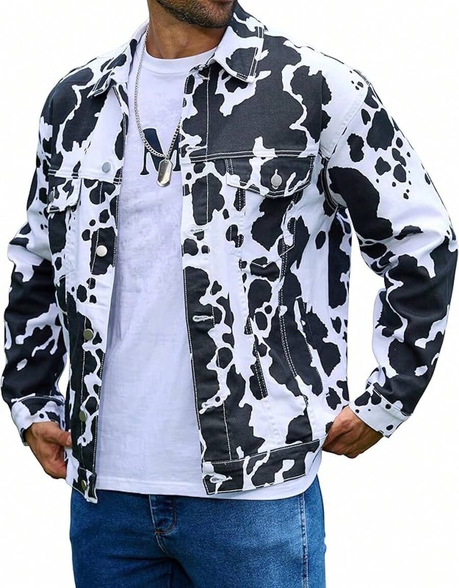 Cow Print Trucker Men Western Cowboy Unlined Coats Cute Animal Tops Holiday GiftsChristmas TJYC - 黑白乳牛-1 - 查看 1