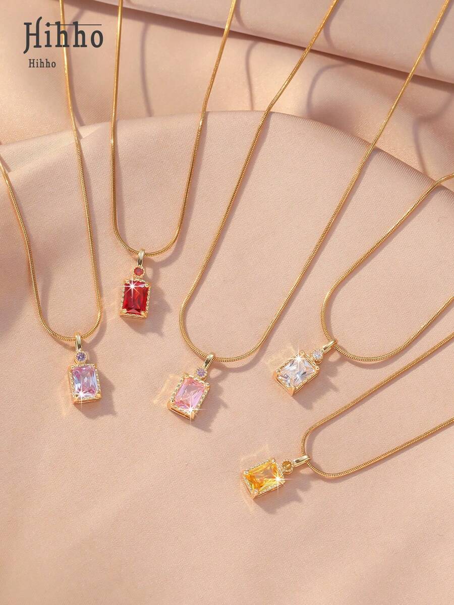 Hihho 1pc Luxurious & Chic Jewelry, Suitable For Various Styles And Occasions. The Red Style Is Perfect For Creating A Unique Look, The Pink Style Matches A Gentle Outfit, The Transparent Style Is Suitable For Daily Commuting, And The Yellow Style Adds Vibrancy To Your Outfit. Colorful Luxurious Jewelry Presents A Bright And Energetic Style That Is Classic And Versatile. - Square Zirconia - View 1