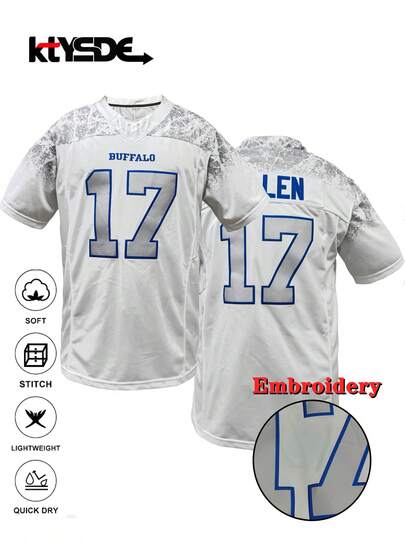 KTYSDE Men's #17 White American Football Jersey, Classic Buffalo Embroidery, V-Neck Loose Fit Short Sleeve Sports Football Shirt, Suitable For Casual Everyday Wear, Match Training, Street Hip-Hop Style, Valentine's Day Gift, Unisex