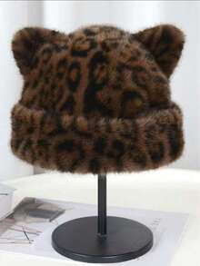 1顶女士冬季豹纹仿毛皮小熊渔夫帽，可爱甜美保暖内衬帽，百搭日常小号针织帽