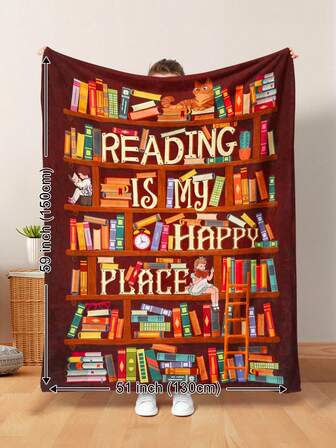 1 pieza Manta de felpa con eslogan gráfico de dibujos animados vintage "Esta es mi manta de lectura, estantería, ahora es hora de leer", suave y cálida, adecuada para dormitorio escolar, todas las estaciones, para sala de estar, sofá, sillón, dormitorio, viaje, camping, regalo