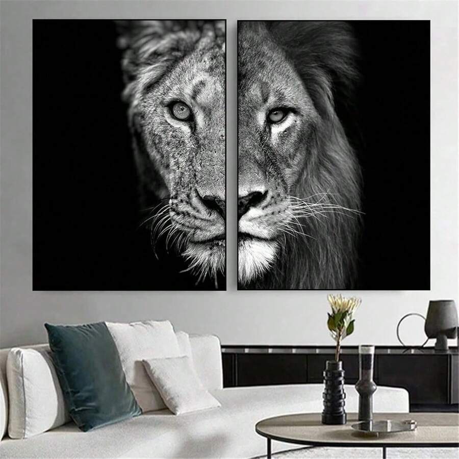 2pcs/Set Frameable Canvas Prints - Modern Minimalist African Lion & Tiger Black Background Art | Replaceable Canvas, Perfect Gift For Home Decor | Suitable For Bathroom, Office, Dorm, Living Room, Bedroom, Entryway, Tabletop & Sofa Background Hanging | PVC Hard Tube Packaging - Multicolor - View 1
