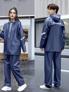 Capa de Chuva Feminina Azul Escuro para Motocicleta, Capa de Chuva Casual de PVC Impermeável com Capuz, Estilo B31, Respirável Durável e na Moda, Conjunto de Capa de Chuva e Calça Impermeável Feminina - Equipamento Respirável e Durável para Uso Externo em Motociclismo, Caminhada e Viagem - Multicolorido - Visão 14