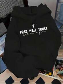 Fall Clothes For Women1PCS 2025 New Fleece Hooded Sweatshirt, Y2K Style, "Pray, Wait, Trust, God Has A Plan", Women's Winter Clothing, Women's Casual Fit, Autumn And Winter Comfortable Printed Sweatshirt, S-XXL Available, Comfortable Fabric, Machine Washable, Loose Fit, Daily Wear-Premium Cotton Graphic Printed Round Neck T-Shirts-365TLoose And Comfortablechristmas>Clothes - 黑色 - 查看 1