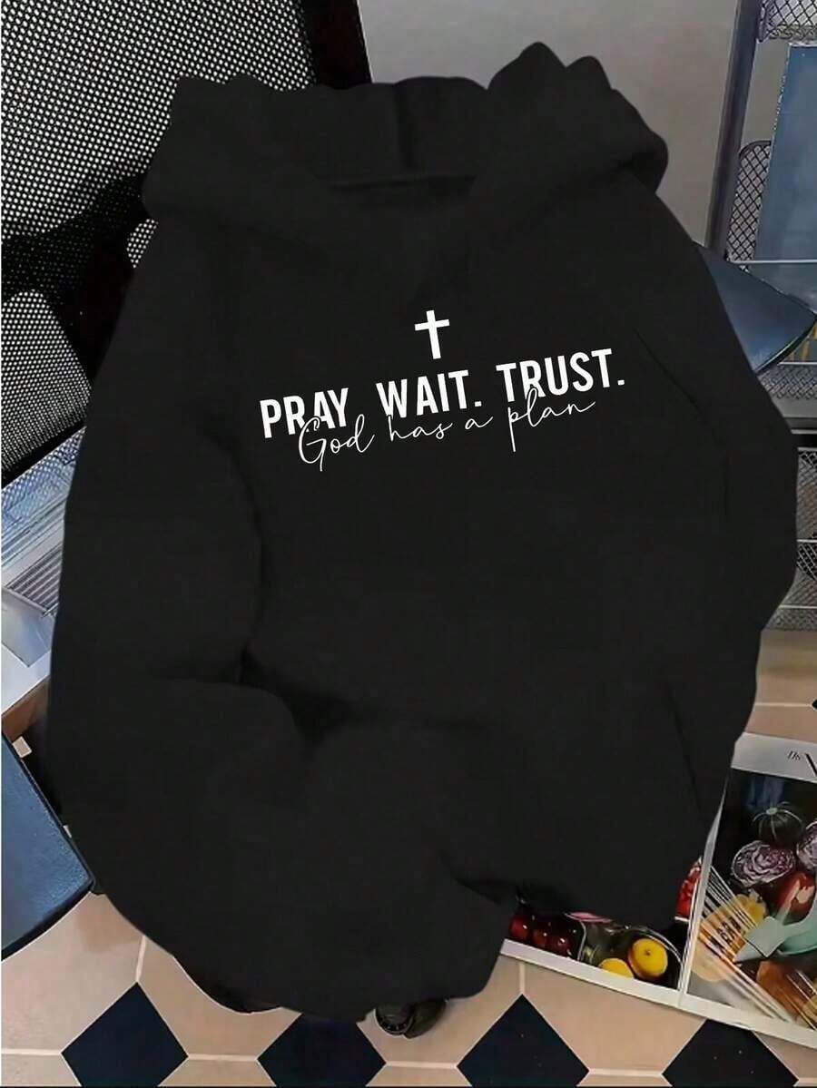 Fall Clothes For Women1PCS 2025 New Fleece Hooded Sweatshirt, Y2K Style, "Pray, Wait, Trust, God Has A Plan", Women's Winter Clothing, Women's Casual Fit, Autumn And Winter Comfortable Printed Sweatshirt, S-XXL Available, Comfortable Fabric, Machine Washable, Loose Fit, Daily Wear-Premium Cotton Graphic Printed Round Neck T-Shirts-365TLoose And Comfortablechristmas>Clothes - 黑色 - 查看 1
