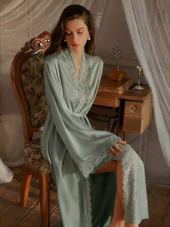 QING ROU 薄荷绿女士优雅缎面睡袍，柔软蕾丝边饰，喇叭长袖，丝滑舒适，配有腰带，适合居家穿着，冬季适用