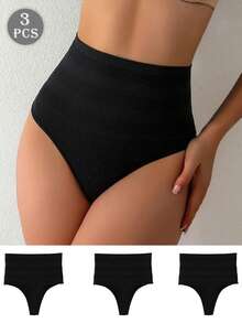 3pcs High Waist Slimming Seamless G-String Panties For Women, Sexy Invisible High Rise Thong - Black - View 2