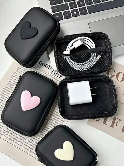 1pc Heart-Shaped Earphone Storage Box (With Zipper), Data Cable, Packaging Box, Charging Cable, Hard Storage Box, Anti-Pressure EVA Storage Bag