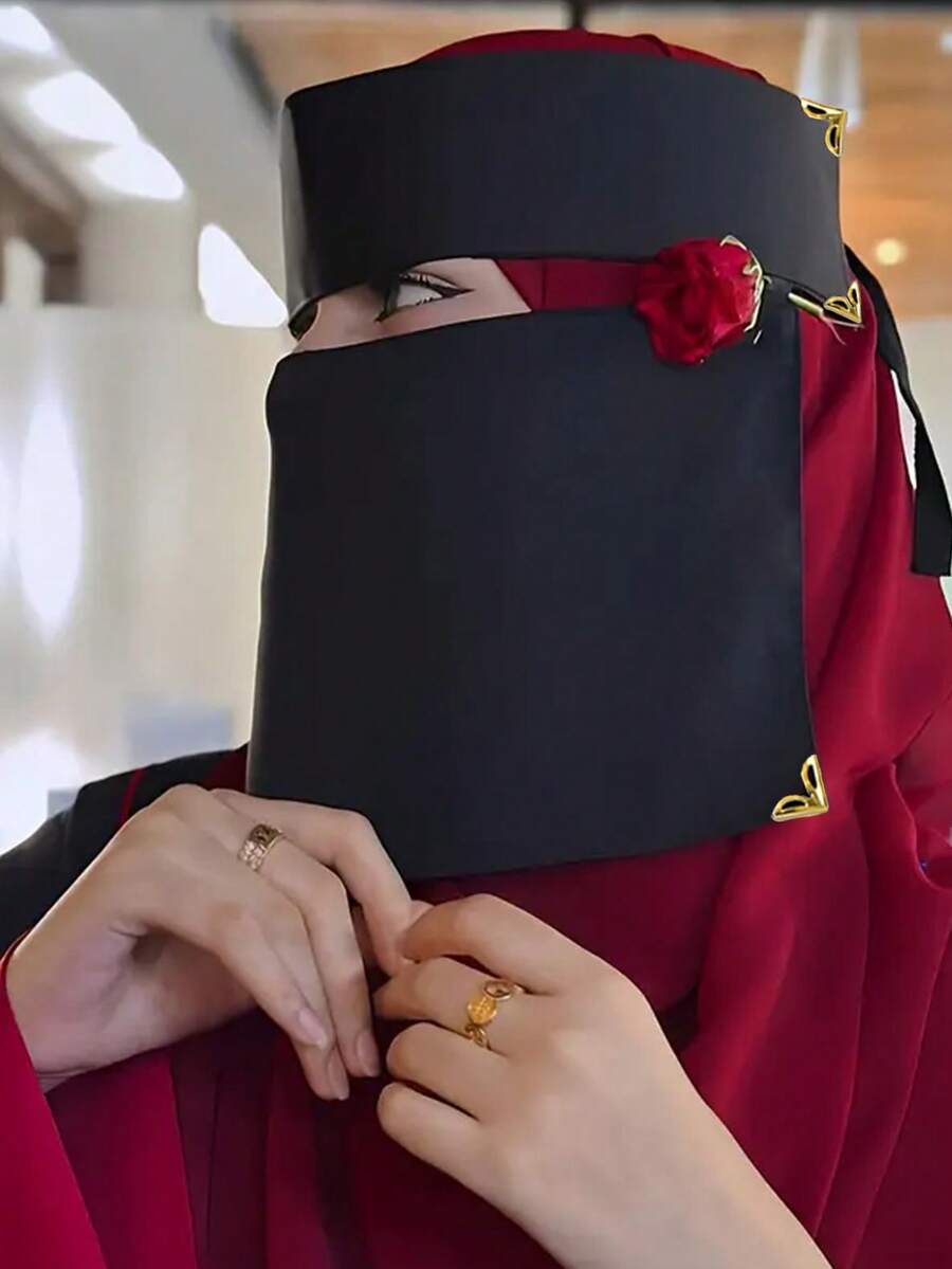 1 chiếc khăn che mặt nhỏ đính đá hoa văn dành cho nữ, khăn trùm đầu Hồi giáo Trung Đông, nhẹ, thoáng khí, màu đen, đa năng.