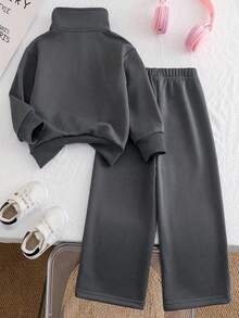 两件套少女卡通印花纯色卫衣裤套装，简约设计，适合春、秋、冬季穿着。 - 深灰色 - 查看 2
