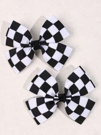 2 件装女士发夹，黑白格纹蝴蝶结发夹，罗缎丝带发卡，鸭嘴夹发夹，时尚街头发夹，发饰，爪夹，发卡