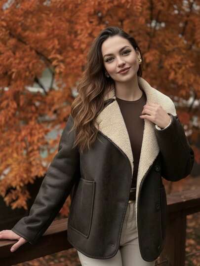 Jaqueta curta feminina estilo cargo vintage, marrom escuro, forrada com lã, com gola de pele sintética e lapela. Ideal para o dia a dia no inverno, encontros de Natal, festas temáticas de Ano Novo e muito mais. Jaqueta marrom, a escolha perfeita para mulheres.