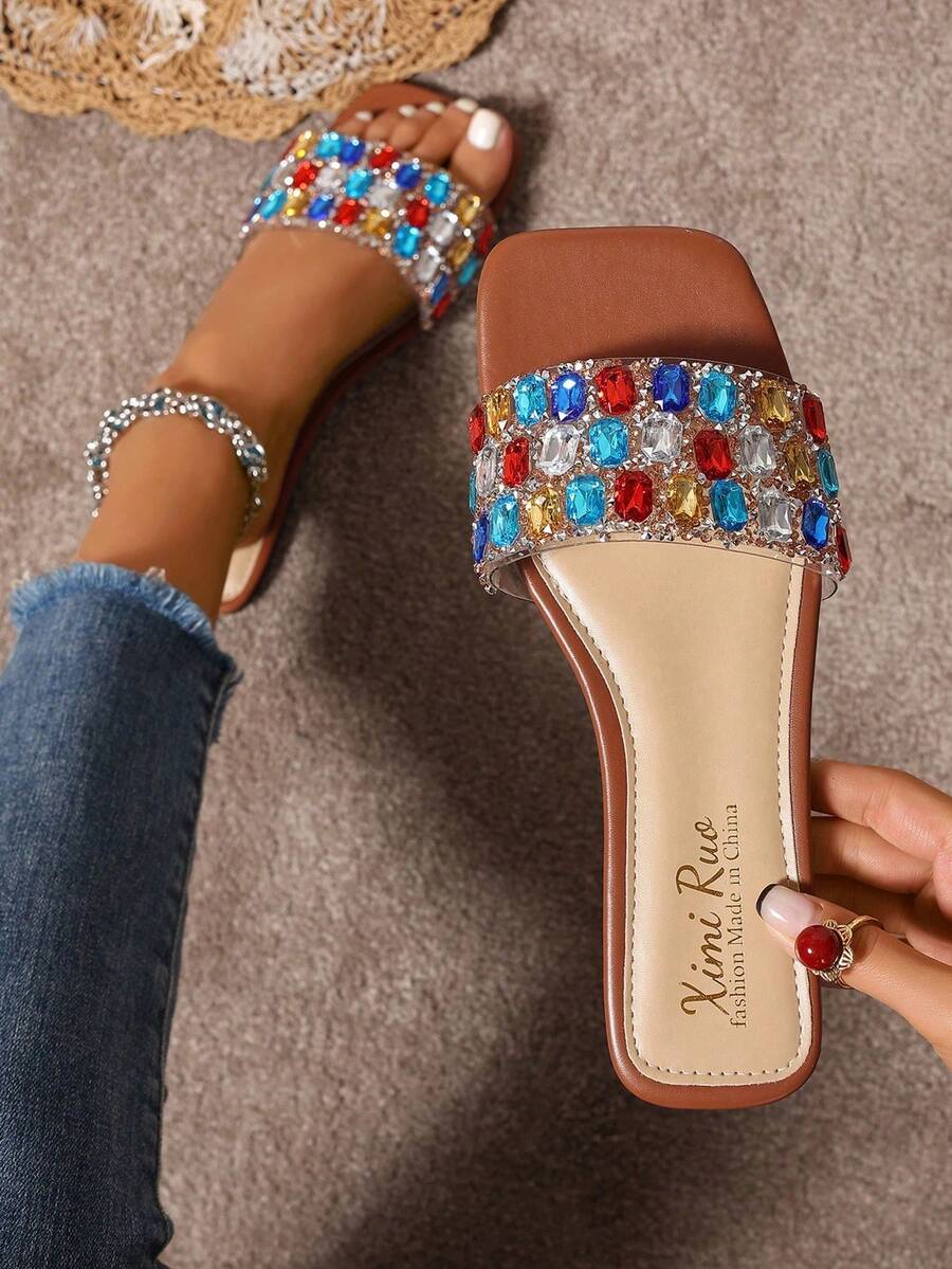 Ximi Ruo Spring/Summer Fashion, Comfortable Flat Heel Round Toe Slip-On Beach Slippers, Versatile Decorative Flat Sandals For Summer, Holiday Essential - Brown - View 1