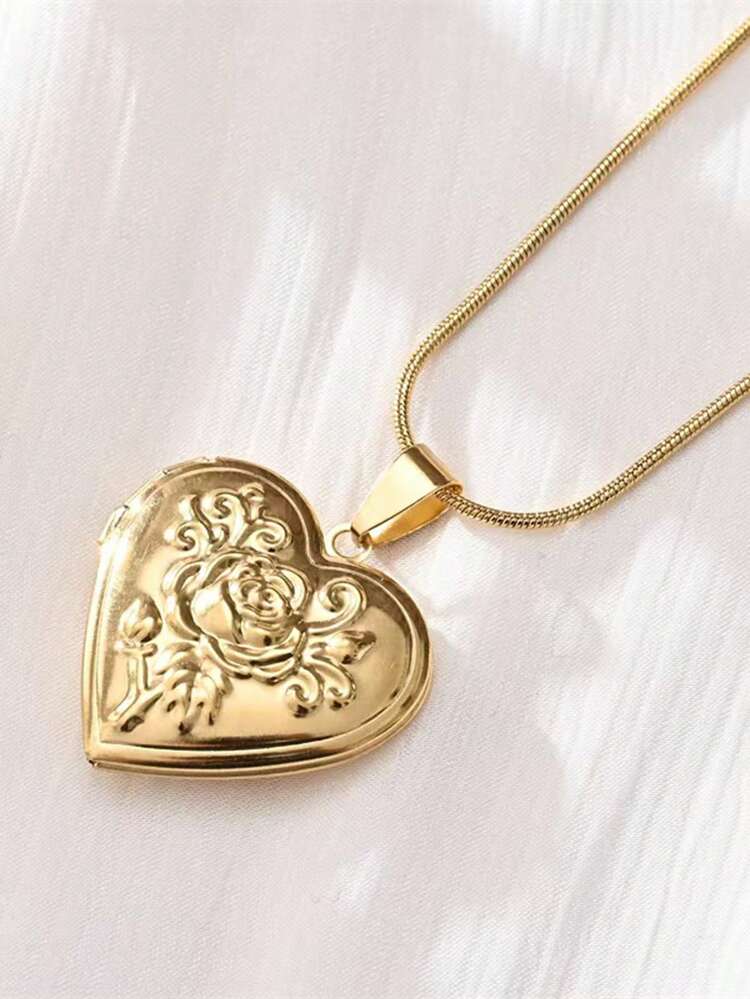 1件18K镀金不锈钢简约心形吊坠项链，可DIY照片收纳，节日纪念品，情人节礼物 - 金黃色 - 查看 17
