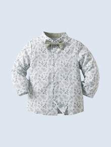 BOARNSEORL 2pcs Young Boys Gentleman Outfit, Long Sleeve Printed Shirt With Bow Tie And Green Suspender Pants, Fashionable & Elegant For Birthday, Anniversary, Party, Daily Wear - Green - View 6