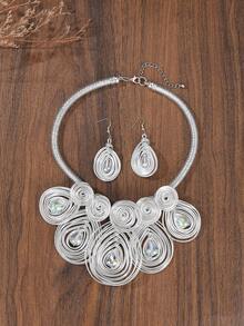 Handmade Exaggerated Multi-Layer Aluminum Wire Woven Bohemian European And American Middle Eastern European Korean Version Evening Party Holiday Women's Chain Necklace Earrings With Artificial Crystals