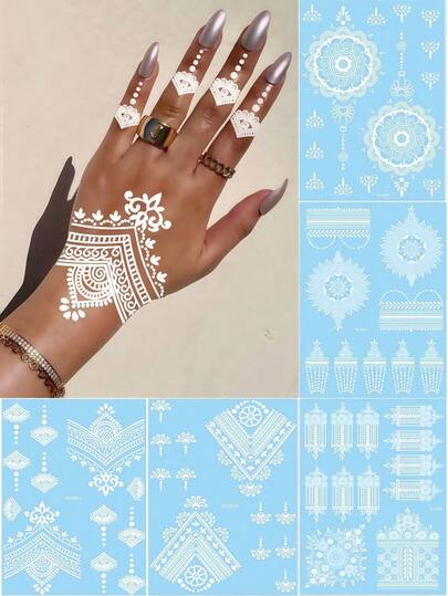 5张白色指甲花临时纹身贴纸，大曼陀罗花图案，防水手部纹身贴纸，适合婚礼和节日场合。