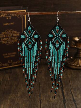 手工串珠耳环，波西米亚风耳环，复古菱形红绿流苏耳环，女士时尚耳环，春夏新品，日常及节日百搭，感恩节、母亲节、情人节、友谊等节日送礼佳品