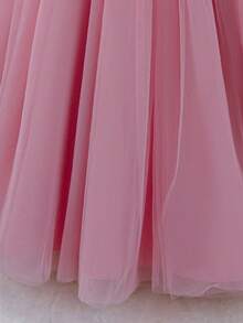 Girls Long Tulle Princess Dress With Floral Lace Waist Sash, Bowknot Backless Coral Pink Prom Gown For 3-12 Years Old, Suitable For Holiday, Special Occasion, Birthday Party, Pageant - Coral Pink - View 5