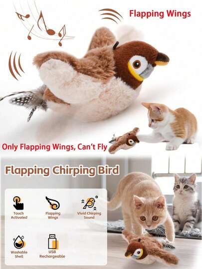 Rechargeable Interactive Cat Toys Can't Fly Chirping Flapping Bird (Simulates Bird Sounds) For Indoor Play Kitty Toy Electric Simulation Bird Pet Toys No Flying