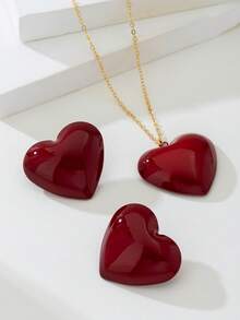 一套夸张复古母亲节红色爱心光滑项链和耳环首饰套装，送给女性的礼物，派对用品 - 紅色 - 查看 5