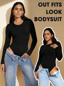 1件装女士无缝黑色圆领长袖连体衣，性感塑身连体衣，收腹、束腰、塑形 - 黑色 - 查看 2