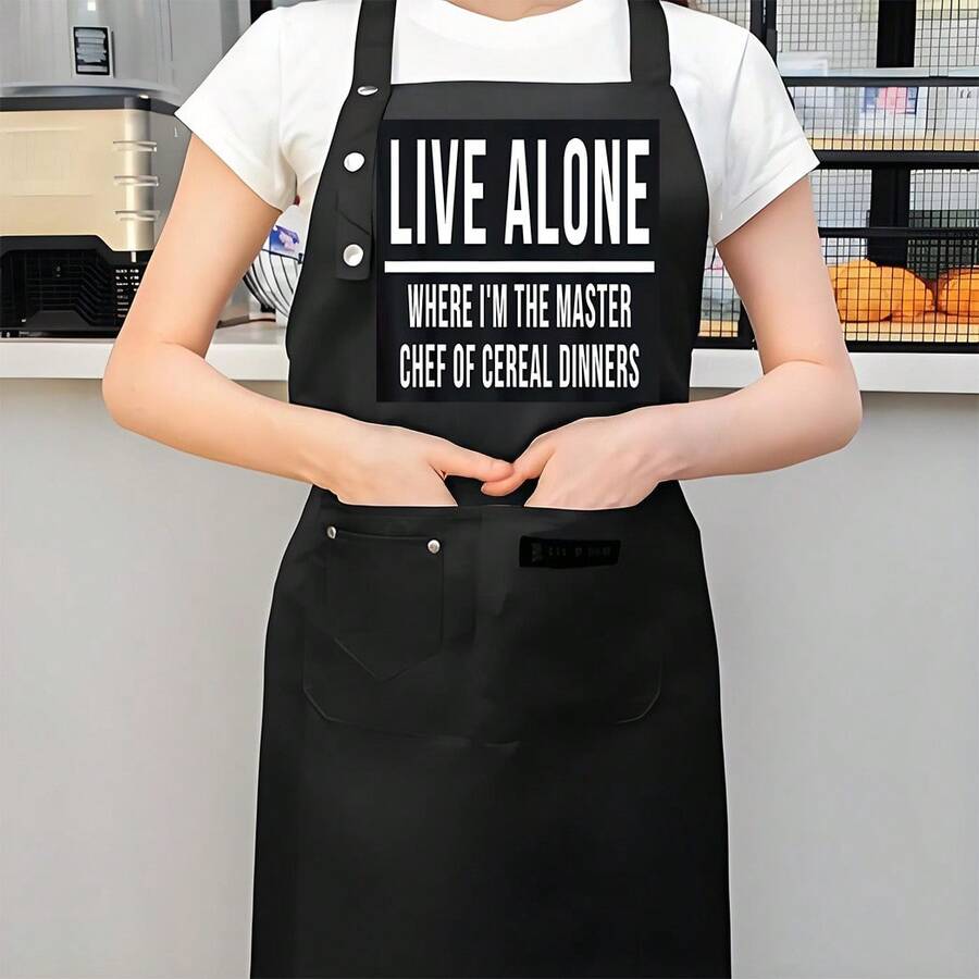1 Piece Of Fun Chef Apron - High-Quality "Living Alone - I'm The Chef Of The Formal Dinner" Slogan, Black With Bold White Lettering - Suitable For Home Cooking, Professional Chefs, Waiters, Milk Tea Shops, Hair Salons - Durable Polyester Apron, Suitable For Cooking, Cleaning, Painting, Flower Arranging - Perfect Gift For Food Lovers And Restaurant Staff, With A Humorous Design - AZX0001 - Xem 1