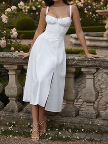 Fashionable Casual Women's Spaghetti Strap Dress, Slim Fit Shoulder-Baring Split Front Long Bodycon Dress - White - View 2